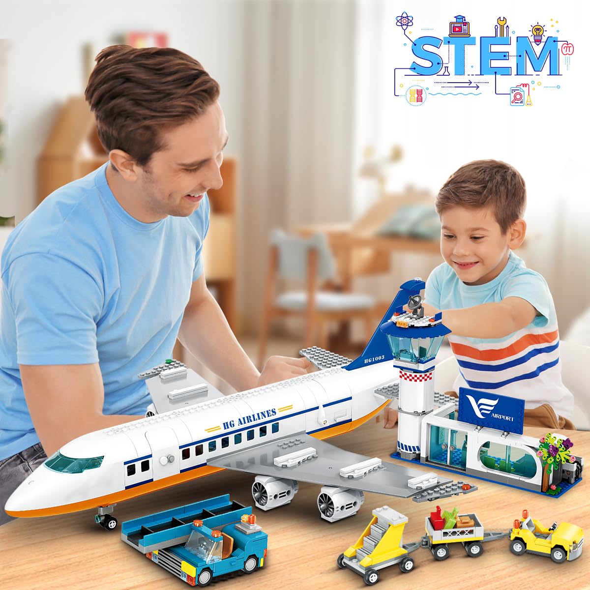 HOGOKIDS Passagierflugzeug Bauspielzeug Set mit LED Licht, 901 PCS Flugzeug Bausteine Spielzeug mit Terminal, Radarturm, Anhänger, Flugzeug-Modell Geschenke für Jungen Mädchen ab 6 7 8 9 10 Jahre 6