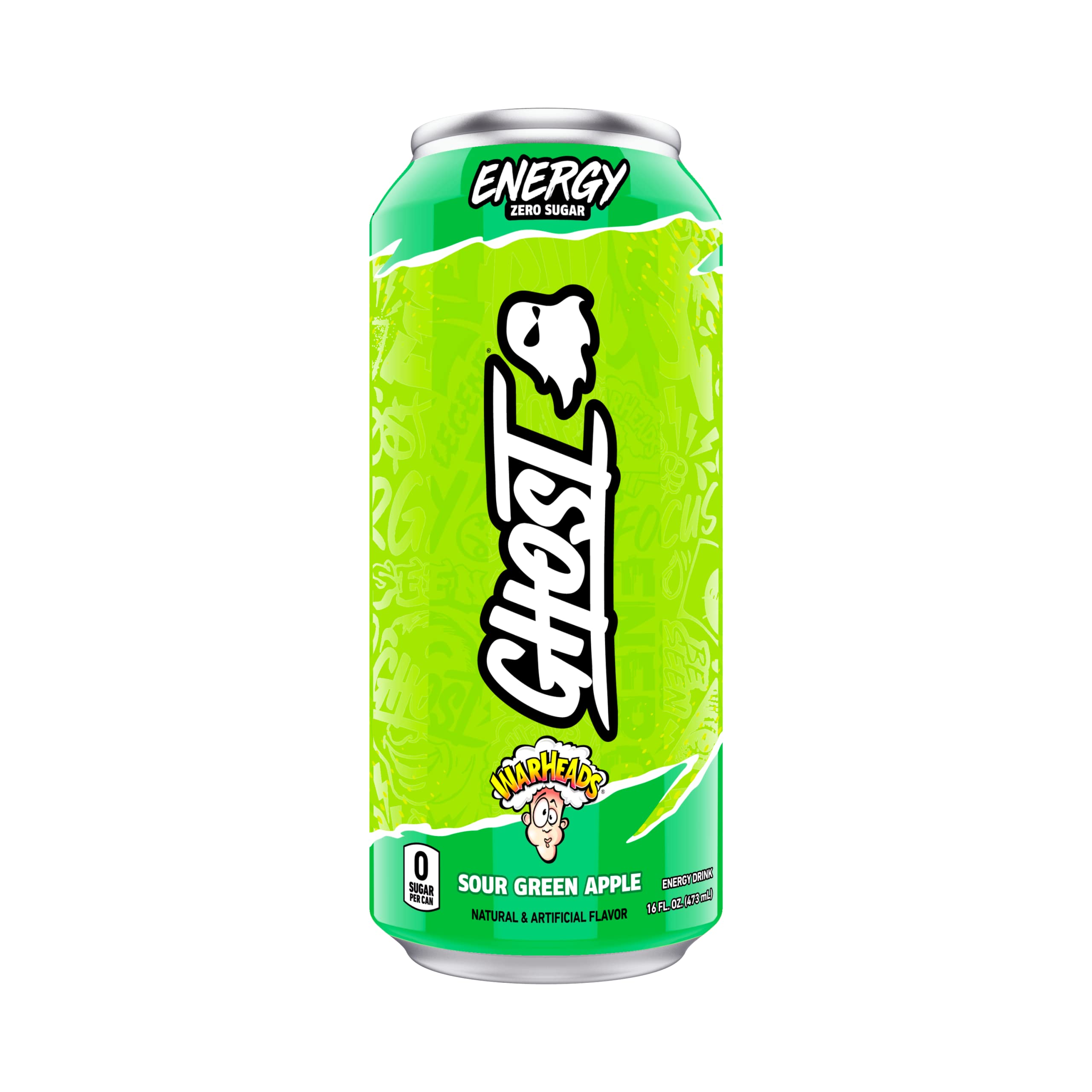 Photo 1 of ***12pakGHOST Energy Drink - Single Can, Warheads Sour Green Apple 16oz - Energy & Focus & No Artificial Colors - 200mg Natural Caffeine, L-Carnitine & Taurine - Gluten-Free & Vegan