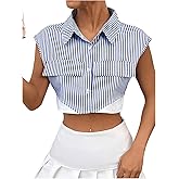 SweatyRocks Women's Striped Print Button Up Blouse Cap Sleeve Collar V Neck Cropped Shirt Top with Pockets