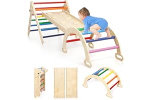 JungleDove 5 in 1 Wooden Climbing Toys for Toddlers - Foldable Climbing Triangle,Arch Climber, Climp Ramp - Montessori Toys for Babies Kids Climbing Toys Indoor & Outdoor - Girls & Boys Gift (Rainbow)