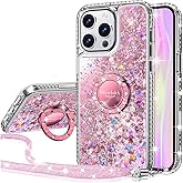 Silverback for iPhone 16 Pro Max Case, Moving Liquid Holographic Sparkle Glitter Case with Kickstand, Girls Women Bling Diamond Ring Protective Case for iPhone 16 Pro Max 6.9‘’ - Pink