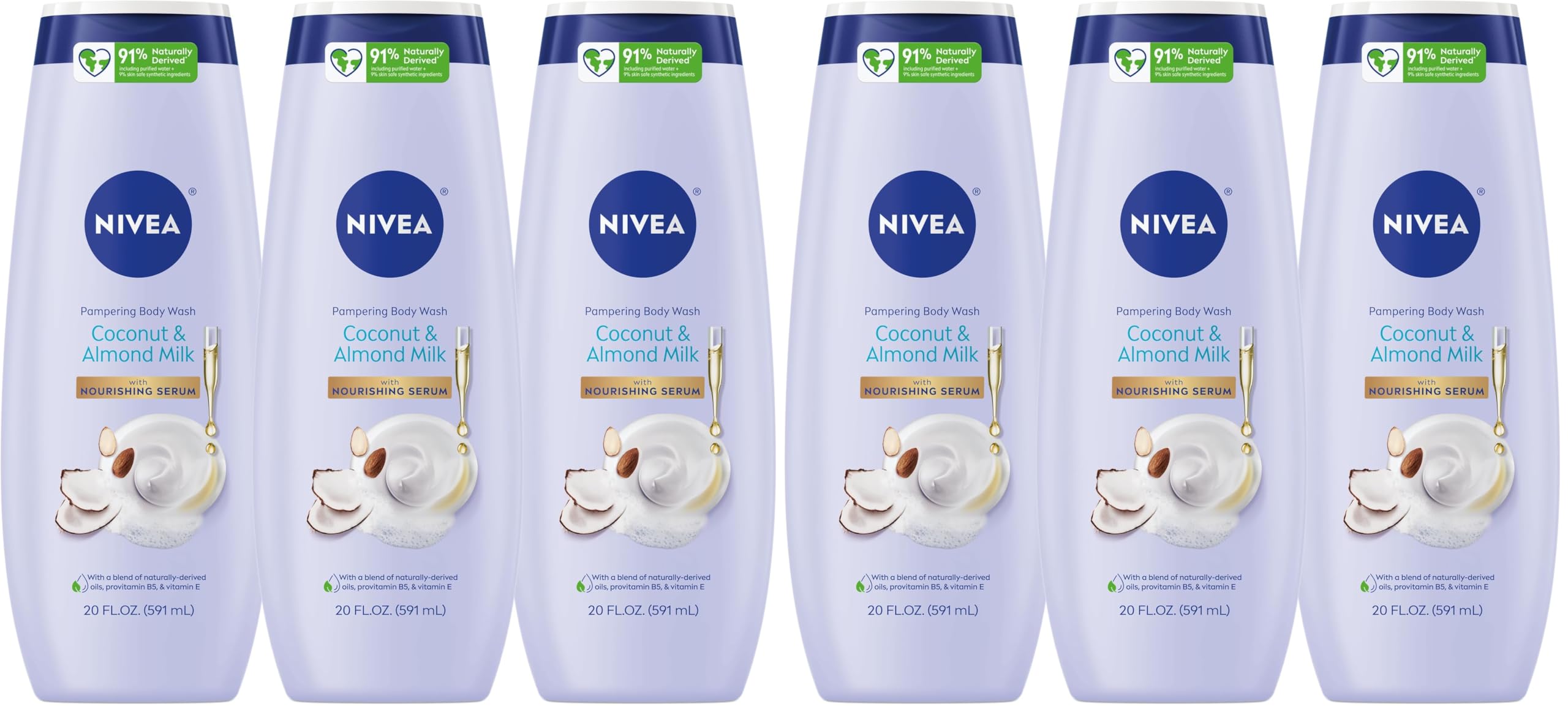 NIVEA Pampering Coconut and Almond Milk Body Wash with Nourishing Serum,Moisturizing Body Wash for Women,Enriched with Provitamin B5 and Vitamin E,20 Fl Oz Bottle,(Pack of 6) Image