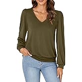 Vrtige Women's Casual Banded Bottom V Neck Puff Long Sleeve Tunic Top Blouse Shirt