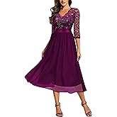 Miusol Women's Elegant V Neck Sequin Lace Sleeve Bridesmaid Party A-line Dress