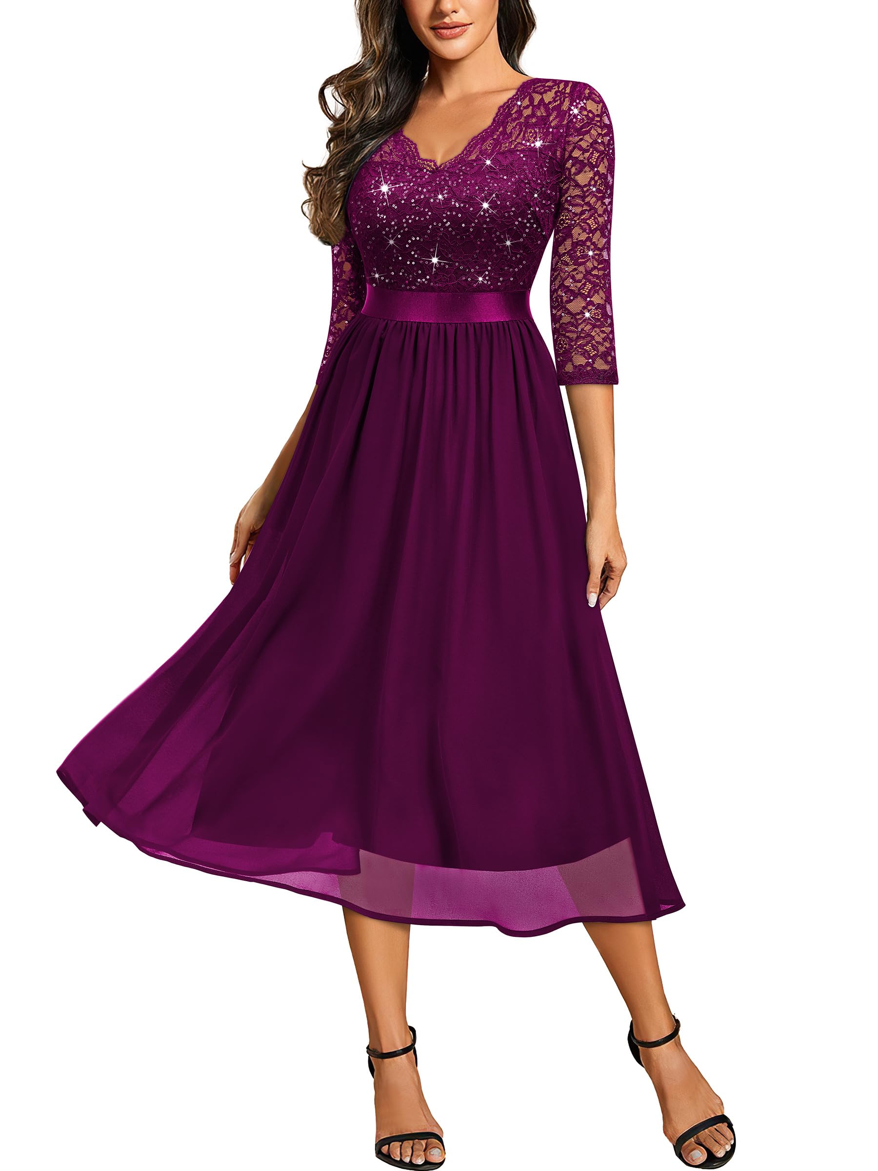 Photo 1 of Miusol Women's Elegant V Neck Sequin Lace Sleeve Bridesmaid Party A-line Dress (Large, Maroon)