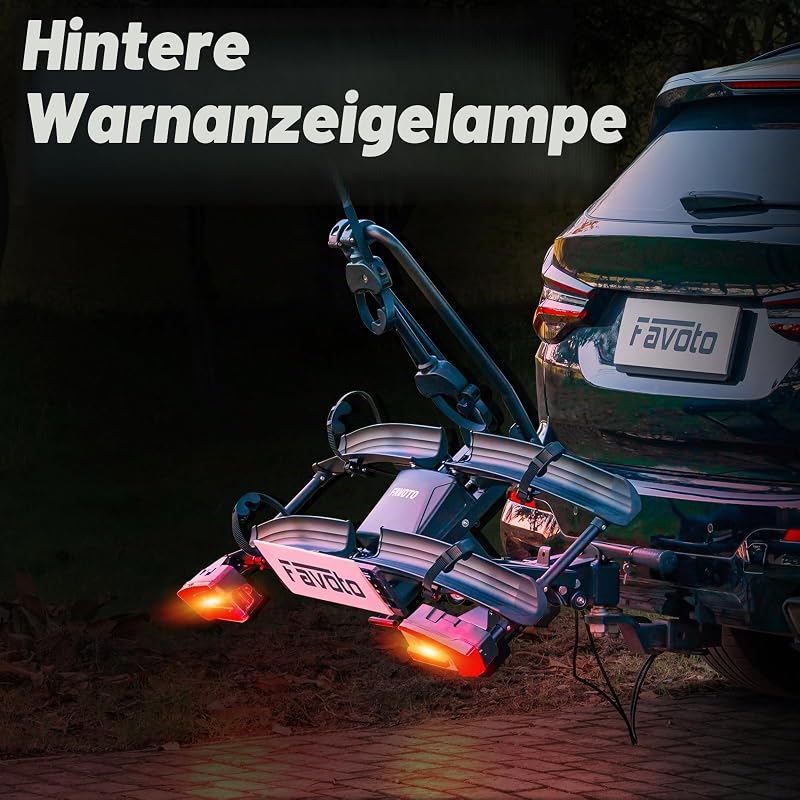 E-Bike Fahrradträger mit Klappbarer Rampe – Aluminium Heckträger für 2 Fahrräder bis 60 kg mit Rücklicht Diebstahlsicherung & Nummernschildhalter max 26x4.0 Reifen