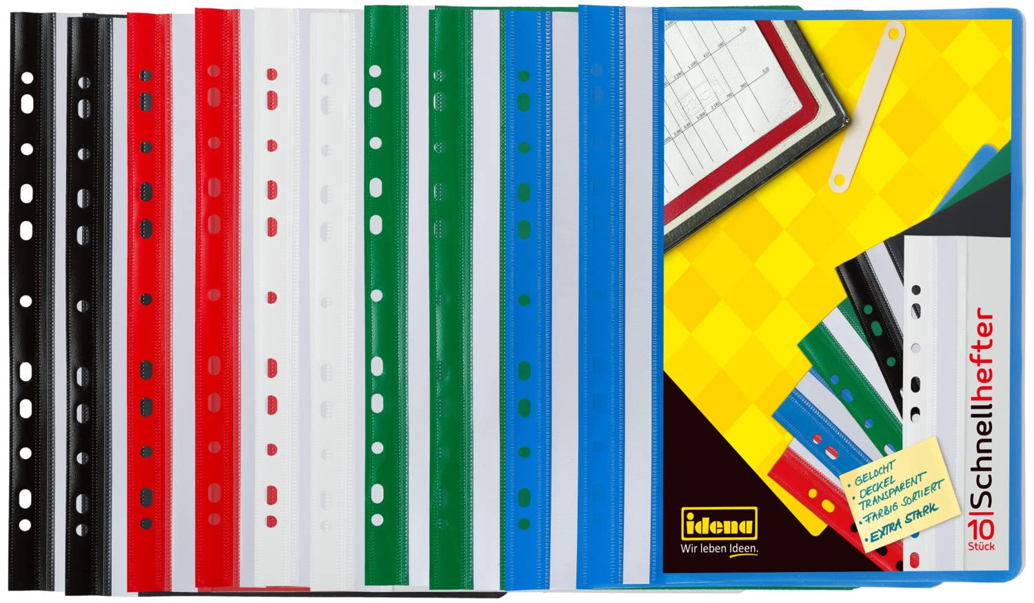 Idena 307862 Binders A4 Plastic with Punched Spines Pack of 10 Blue/Green/Red/White/Black