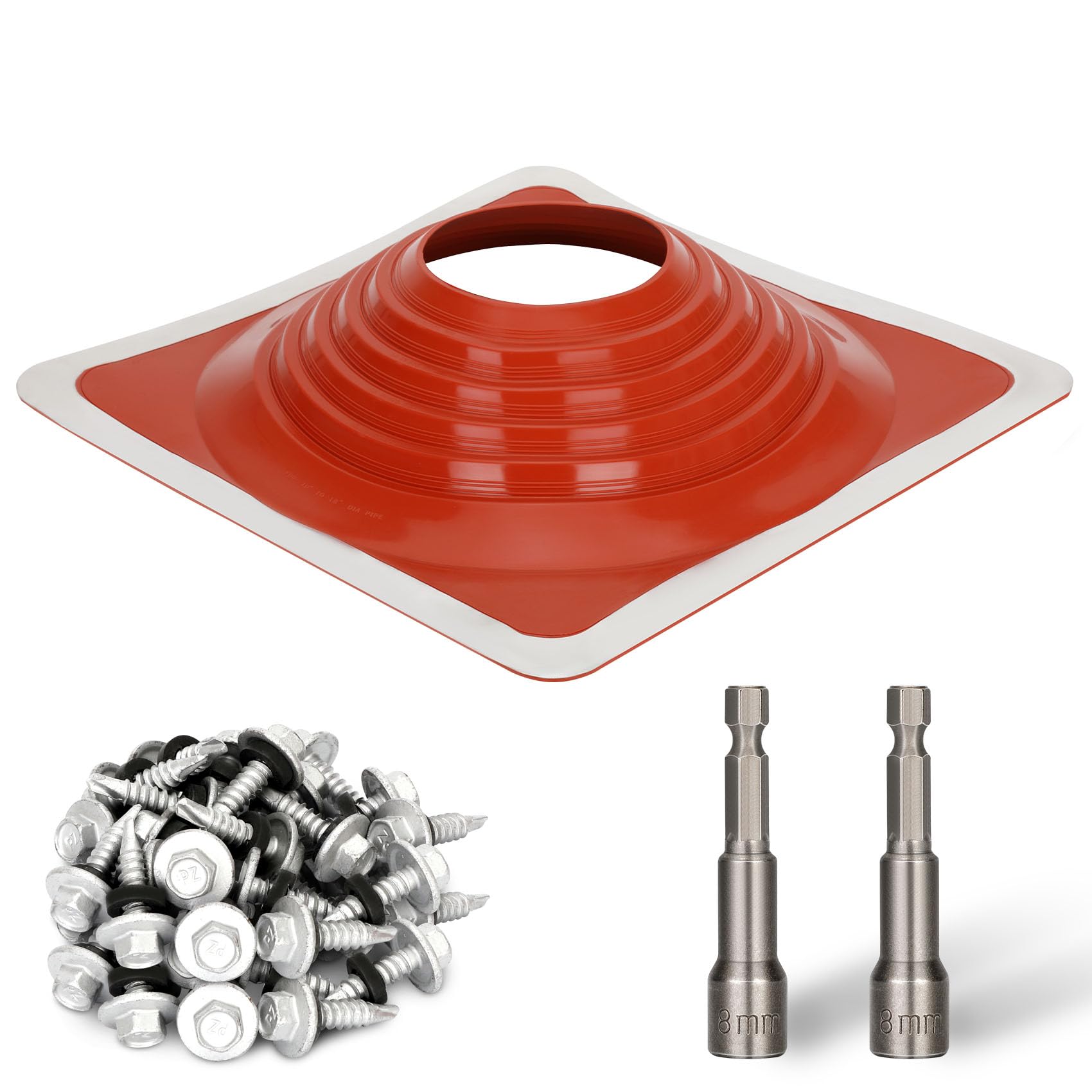 Photo 1 of #9 Metal Roof Pipe Flashing Boot, Metal Roofing Pipe Flashing Boot Fits Pipe OD 10" to 18" Wide, Includes Flexible High Temp Silicone Chimney Boot, Hex Socket x2, Roofing Screw x50, Square Base, Red