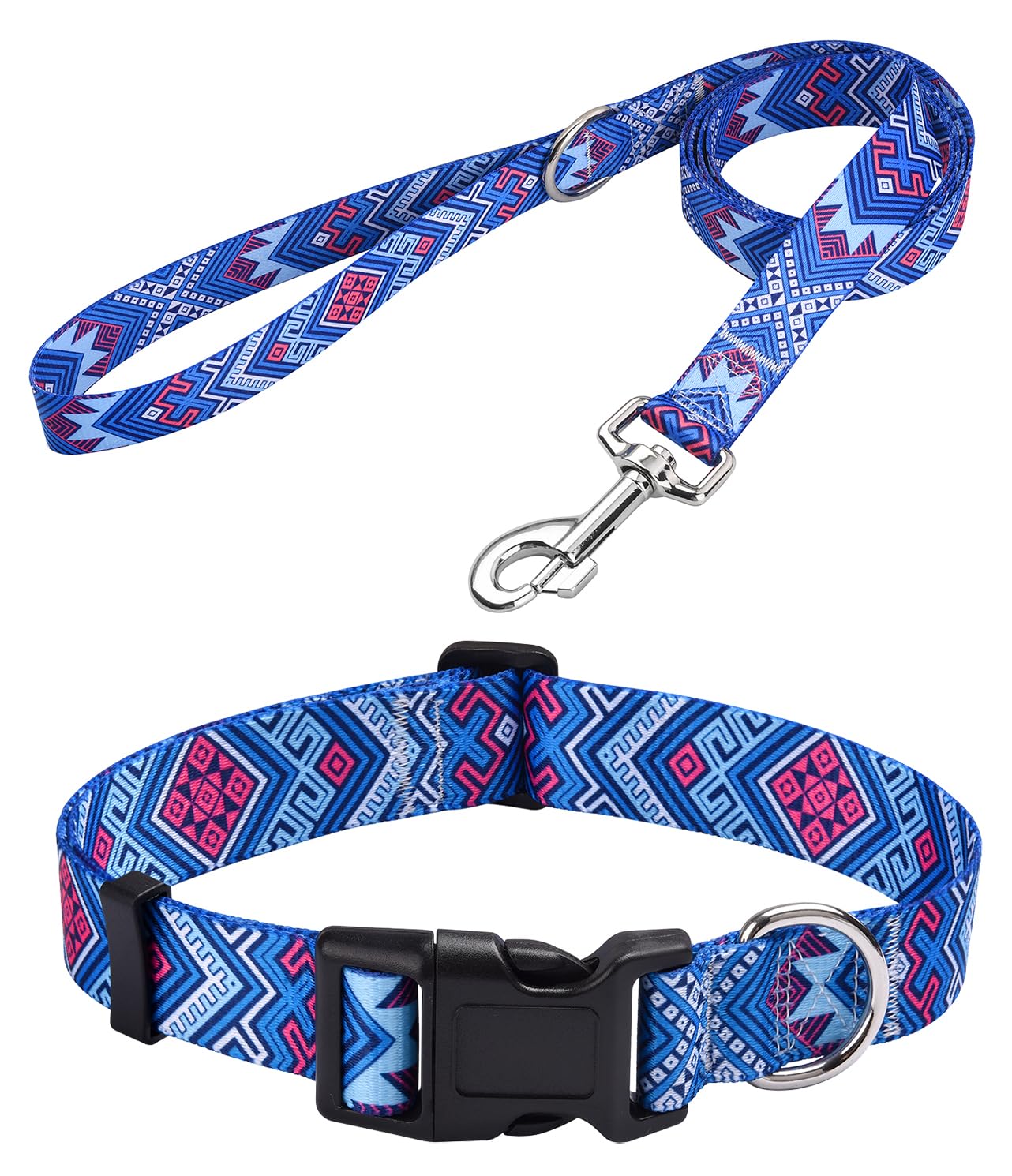 MarukoPet Dog Collar and Leash Set, Adjustable for Small Medium Large Dogs Puppy, Cute Design with Bohemia Floral Tribal Geometric Patterns Boys Girls Dog Collar(Blue Ethnic Style Set,L)
