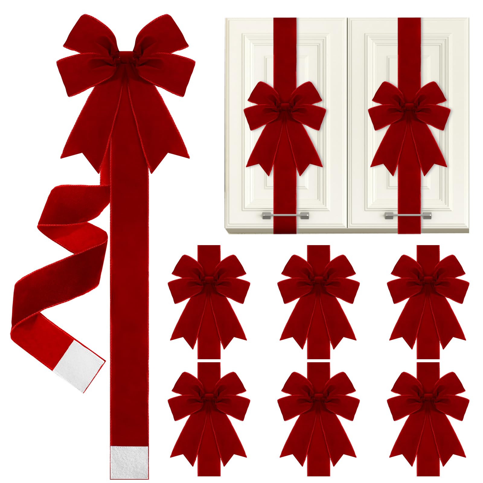 Photo 1 of Daifunli 6 Pcs Burgundy Velvet Christmas Cabinet Ribbons Bows for Kitchen 78.7 Inch Large Christmas Door Ribbon Cabinet Bows for Gifts Xmas Tree Home Wall Furniture Party Decorations