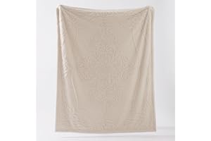 Amélie Home Sherpa Throw Blanket for Couch, Damask 3D Jacquard Pattern and Soft Teddy Sherpa Reverse, Decorative Fleece Thick Warm Blanket for Sofa Bed, Beige, 50"x 60"