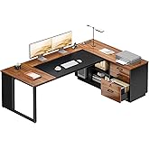 AODK 71 Inch L Shaped Executive Desk with Storage, Walnut+ Black | Computer Desk with 3 Wooden Drawers and File Cabinet, Corner Desk, Outlets, Home Office Computer Workstation