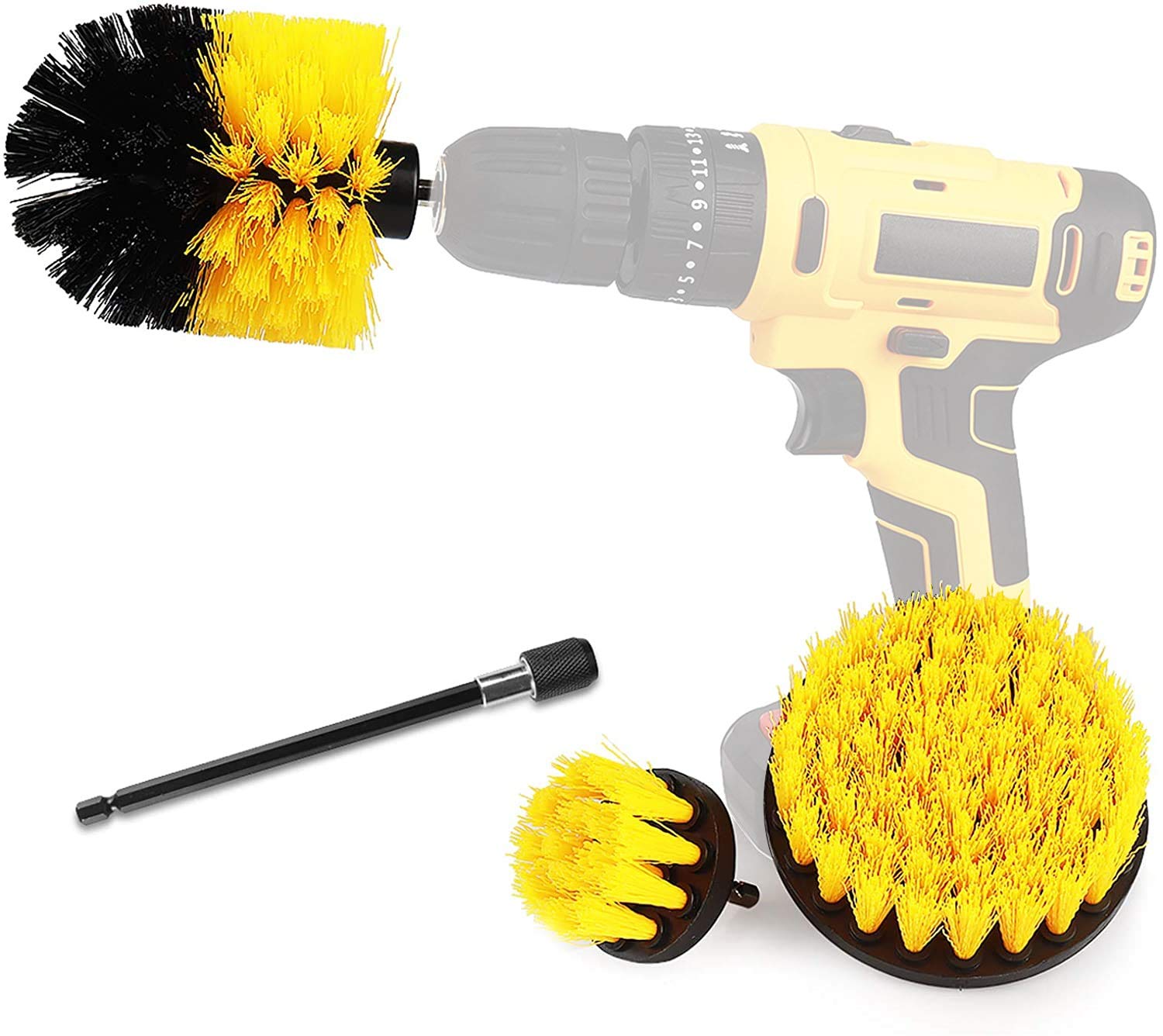 Drill Brush Power Scrubber Brush Cleaning Set 4PCS，Drill Scrub Brushes Kit with Long Attachment,Suitable for Bathroom Surfaces, Tiles, Sinks, Kitchens and Cars Yellow(Drill NOT Included)