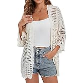 WESURE Crochet Cardigan for Women 3/4 Sleeve Open Front Lightweight Lace Boho Cover Up