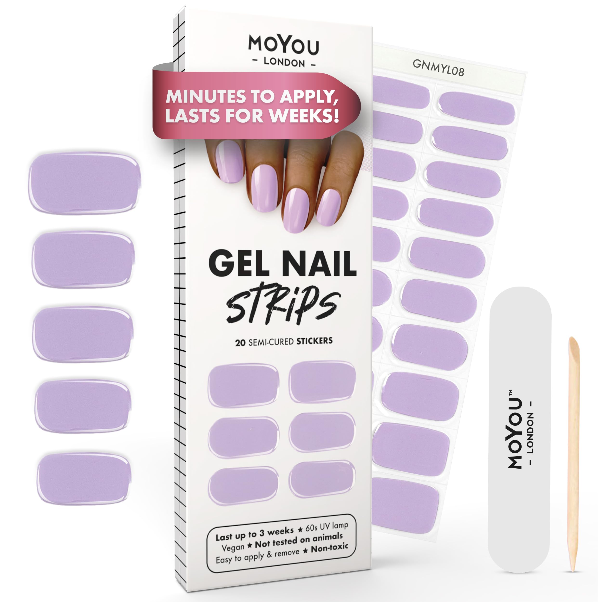 MOYOU LONDON Semi Cured Gel Nail Strips - 20 Pcs. Waterproof Gel Nail Wraps, Cures in Sunlight or UV/LED Lamp, Lasts Up to 2+ Weeks, Stretchable, Easy to Apply & Remove, Vegan & Cruelty-Free