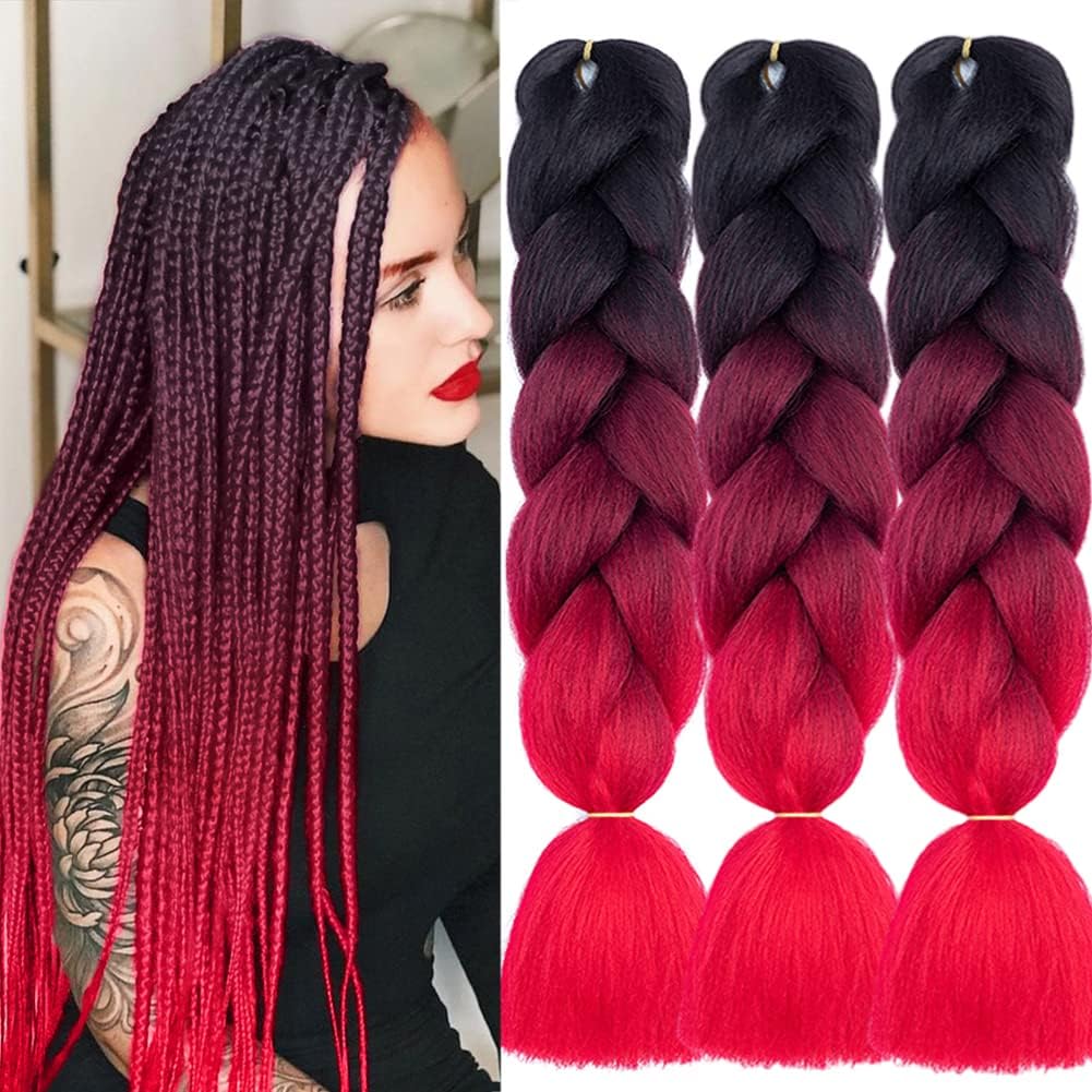 Colorful Panda 24 inch 3 Packs Professional Kanekalon Heat Resistant Synthetic Fiber Crochet EZ Braids Yaki Texture Braiding Hair Extensions, Black to Burgundy Red โ image 1