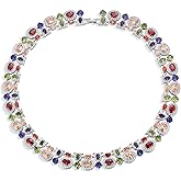 Zoryxia Rainbow Garden CZ Cluster Tennis Necklace for Women, Multicolor Oval & Round Cubic Zirconia Statement Collar, 18", Brass Setting