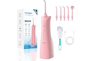 Leominor Water Dental Flosser - 5 Modes Cordless Portable Oral Irrigator, IPX7 Waterproof, Rechargeable Teeth Cleaner Upgrade Datchable Tank Professional Flossing Cleaning Pick for Home Travel (Pink)