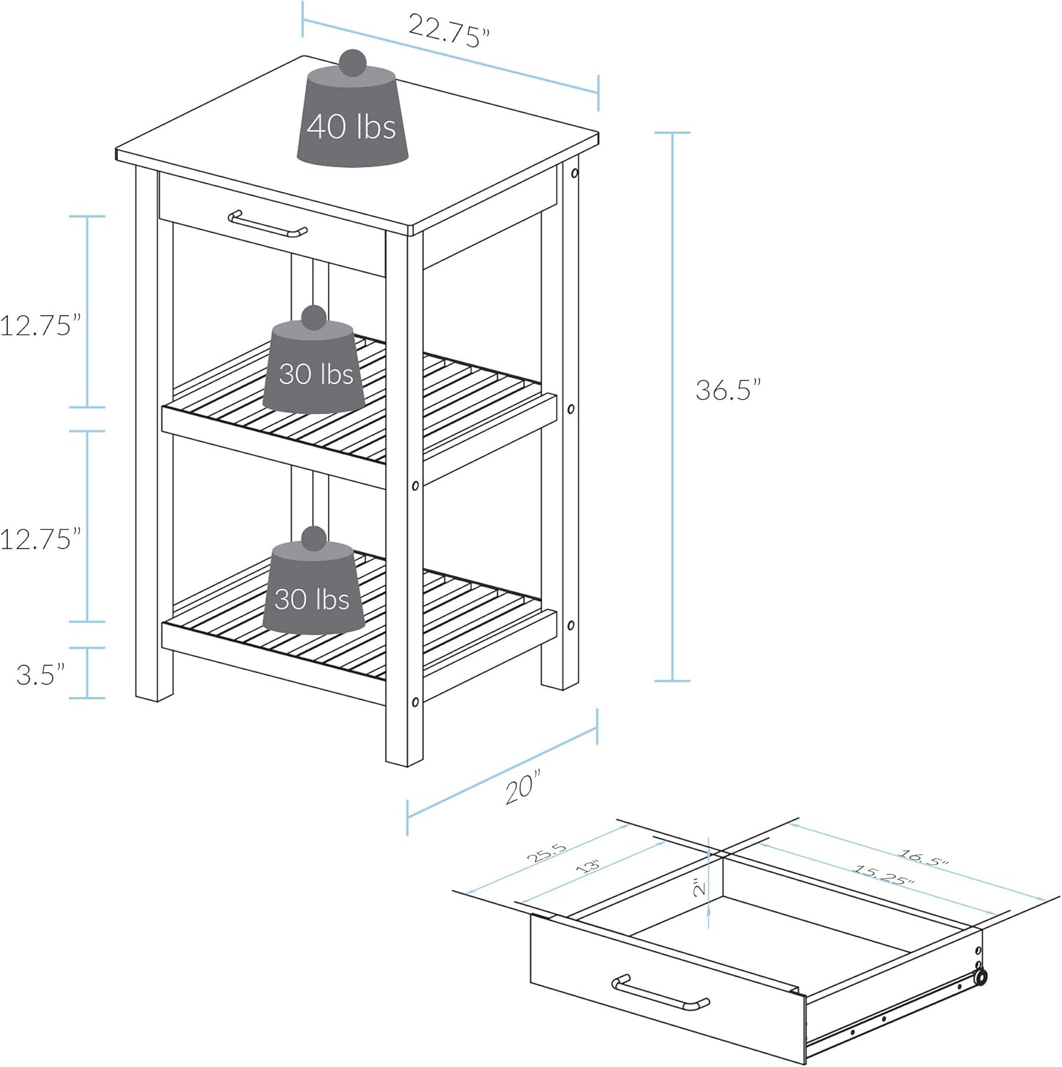 Casual Home Sunrise (Small) with Solid Maple Top Kitchen Island, 22.75"W, Natural&White: Furniture & Decor