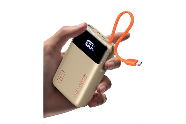 INIU 20000mAh Power Bank, Small Portable Charger, 45W PD Fast Charging Battery Pack with Build in USB-C Cable, Travel Phone Charger for iPhone 17 16 15 14 Air Samsung S25 S24 Google iPad Xiaomi, Beige