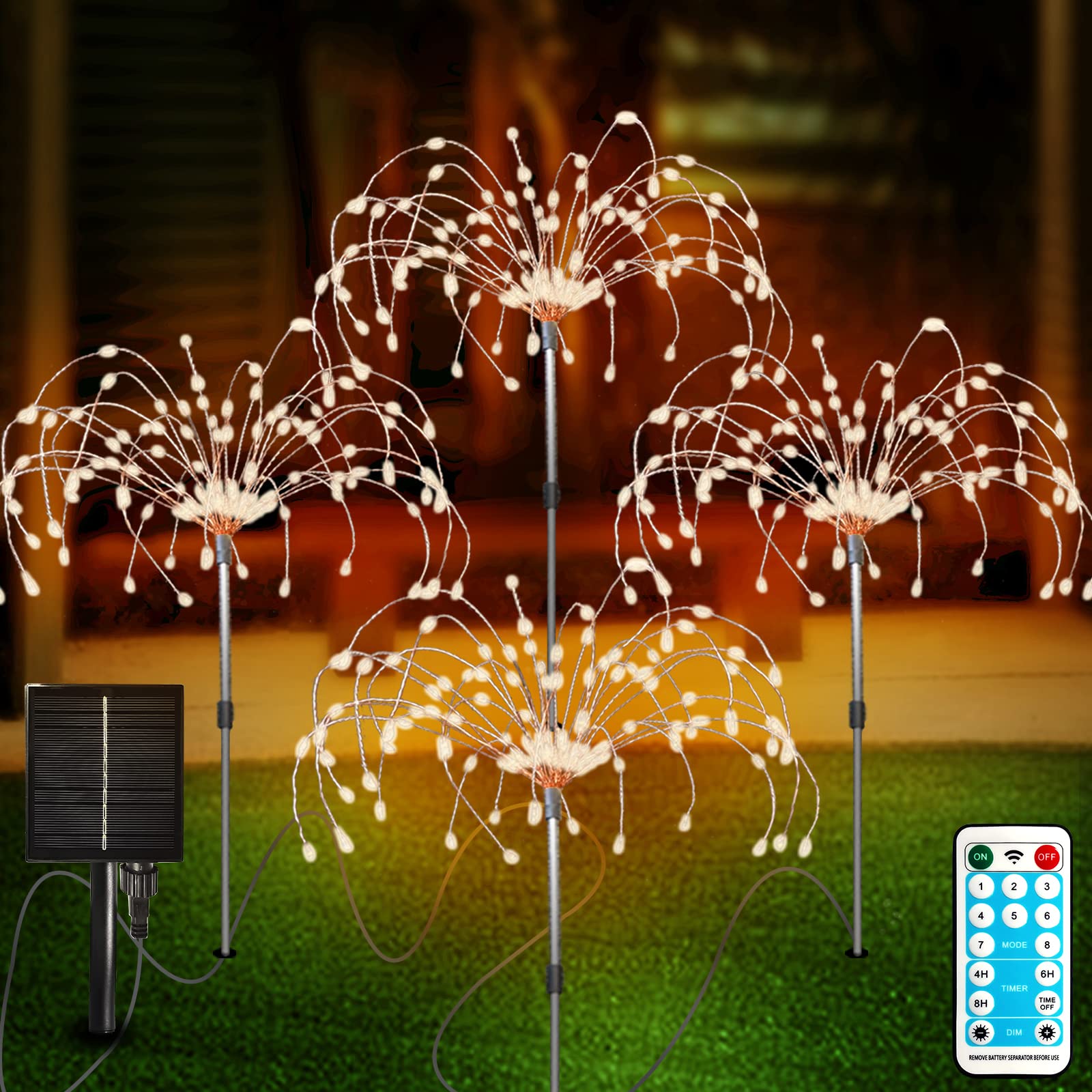 Solar Garden Lights Outdoor 4 Pcs Solar Fireworks Lights Garden Ornaments with Remote Control 8 Modes 420 LEDs Waterproof Outdoor Light Decorations for Lawn Backyard Pathway Christmas(Warm White)