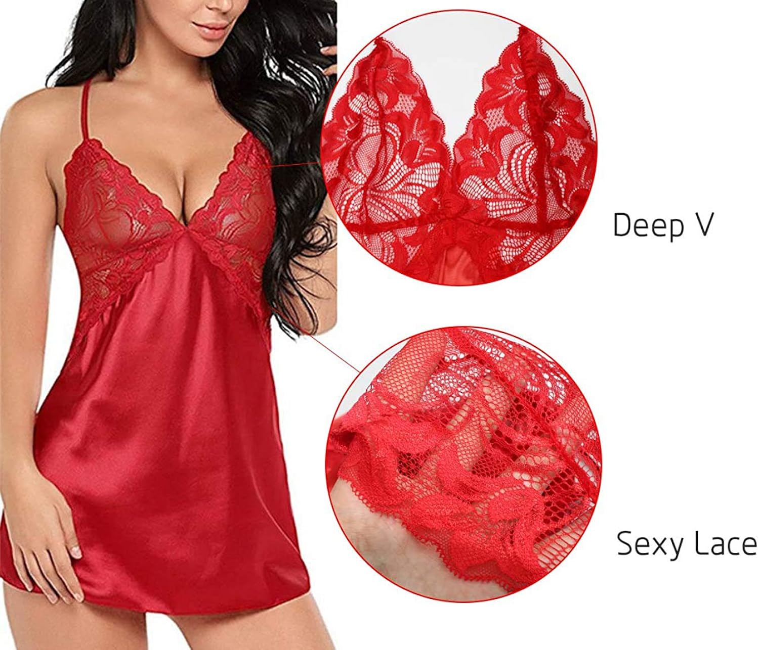Zirami Satin Lingerie for Women Sexy Nightwear V Neck Lace Sleepwear: Clothing