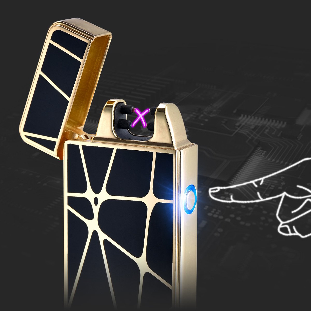 Accendino Arc elettrico antivento, ricaricabile con USB, senza fiamma, accendino per sigarette ricaricabile, ottimo regalo, senza gas, High-Gold