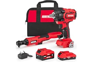 Alloyman 20v 3/8'' Cordless Ratchet Wrench 44 ft-lbs (60 Nm) and 1/2'' Brushless Impact Wrench 516 ft-lbs(700 Nm) Combo Set, with Variable Speed, LED Light, 4.0Ah &2.0Ah Battery, Charger