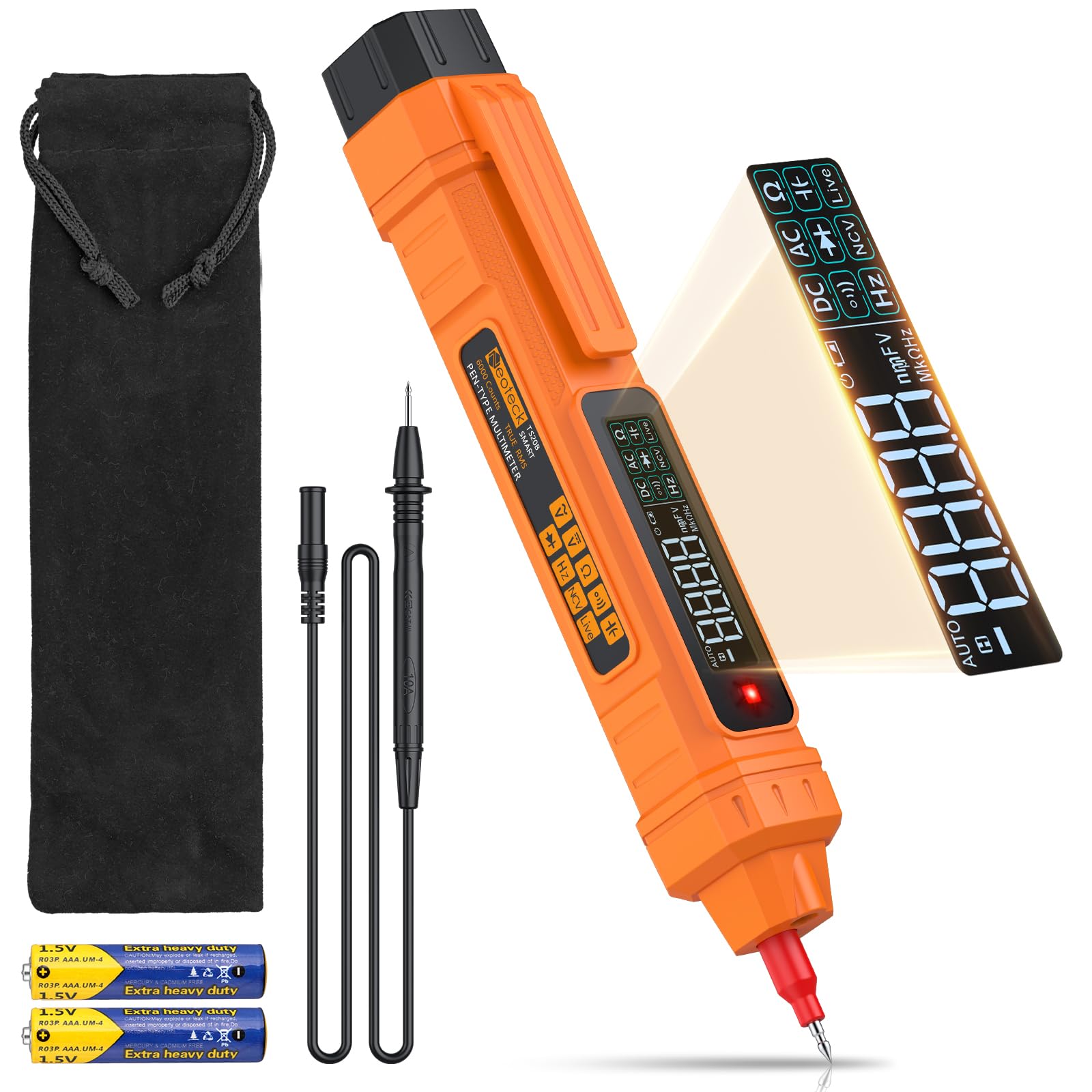 Photo 1 of Neoteck 2 in 1 Pen Type Digital Multimeter Non-Contact Voltage Tester 6000 Counts Intelligent Multimeter with LCD Display for AC/DC Voltage Resistance Diode Continuity Capacitance Frequency-Orange