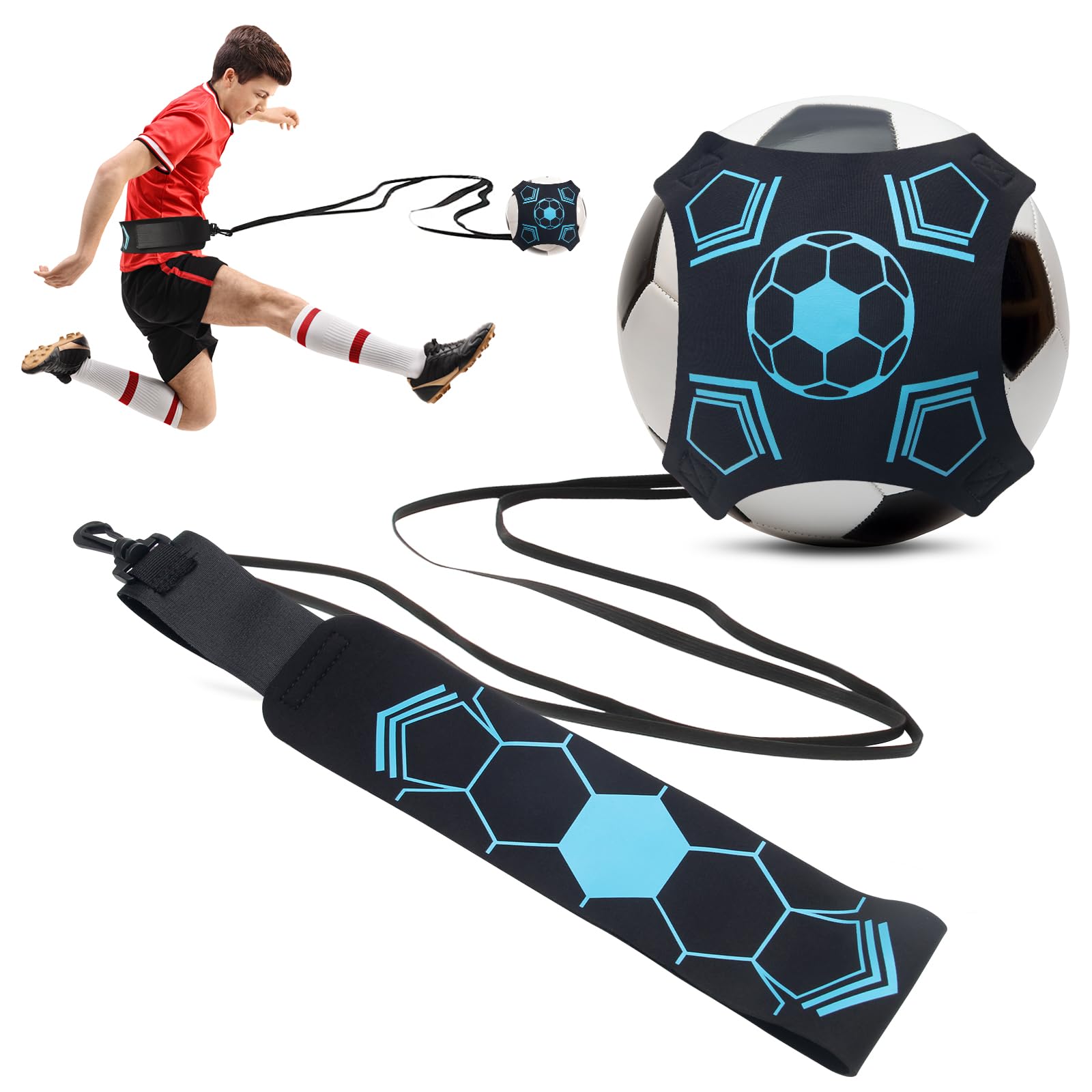 Hoedia Football Kick Trainer Soccer Training Aid Belt Solo Close Control and Skills Practice Waist Belt Hands Free Fits Ball Size 3, 4, and 5 (Aqua Blue)