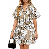 lazvmu Women's Summer Button Down Shirt Dress Floral Puff Short Sleeve Casual Loose Fit Beach Mini Dresses