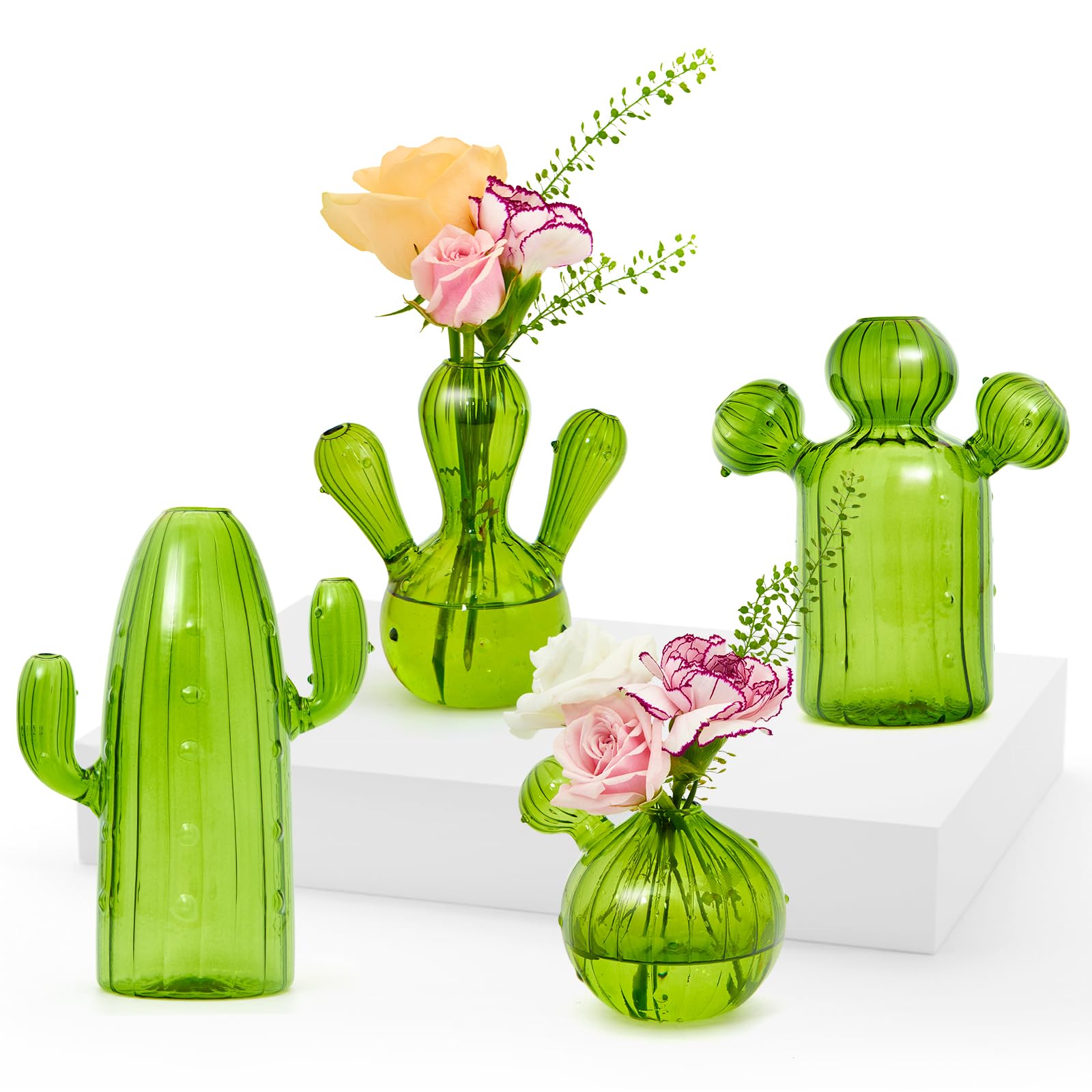 XXXFLOWER Plant Propagation Stations 4PCS Green Glass Bud Vase Small Flower Vases for Table Decoration Sweet Pea Vase in Bulk for Flowers Glass Cactus Gifts for Home Wedding Decor