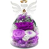 Gifts for Women Preserved Flowers in Glass Angel Figurines Forever Fresh Flowers for Delivery Prime Preserved Rose Birthday Gifts for Her Purple Rose for Mom Wife Grandma on Mothers Day Anniversary 
