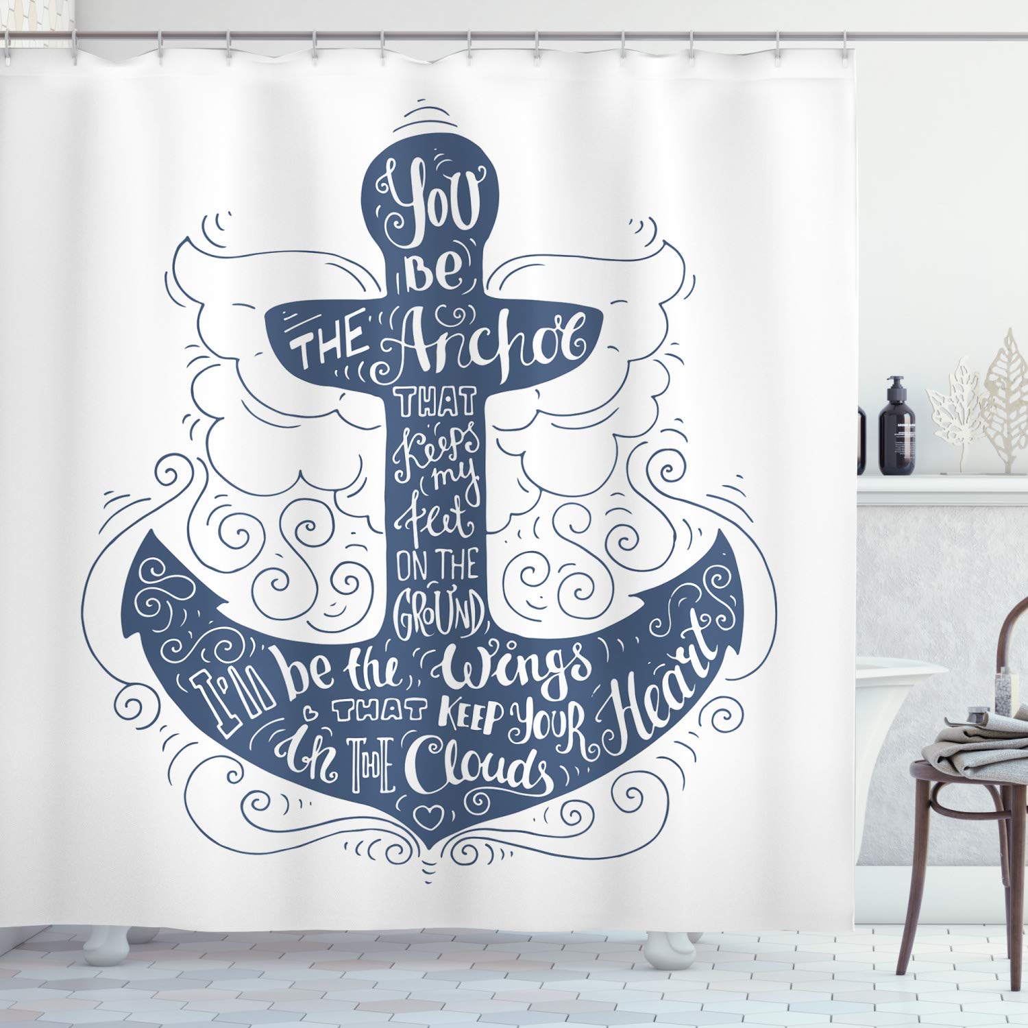 ABAKUHAUS Anchor Shower Curtain, Doodle Style Maritime Motif with Swirls and Curls Motivational Words Design, Cloth Fabric Bathroom Decor Set with Hooks, 175 x 200 cm, Blue And White