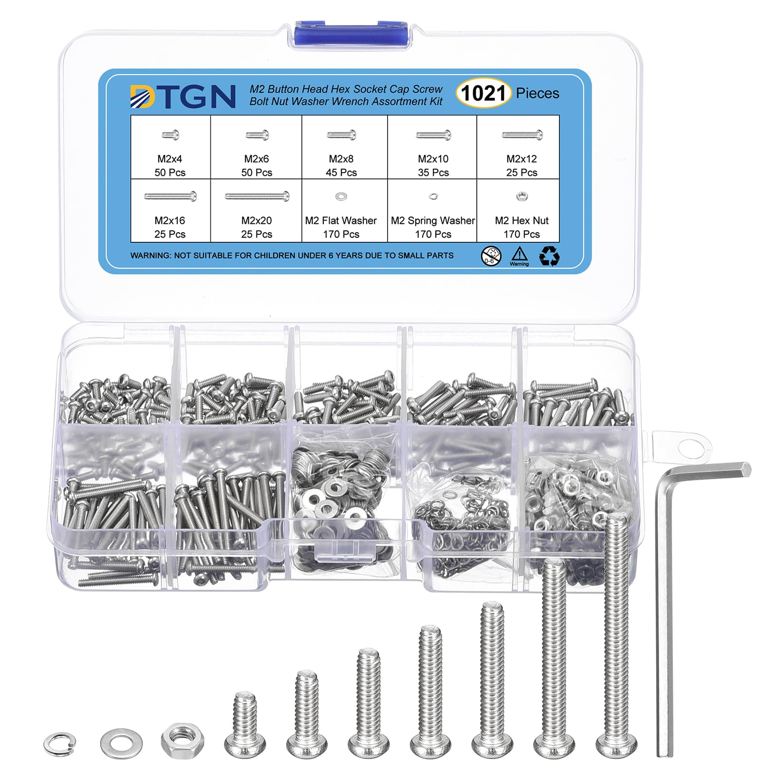 DTGN 1021Pcs M2 Button Head Hex Socket Cap Screw - 4-20mm Bolt Nut Washer Wrench Assortment Kit 304 Stainless Steel - Good for Machine, Furniture