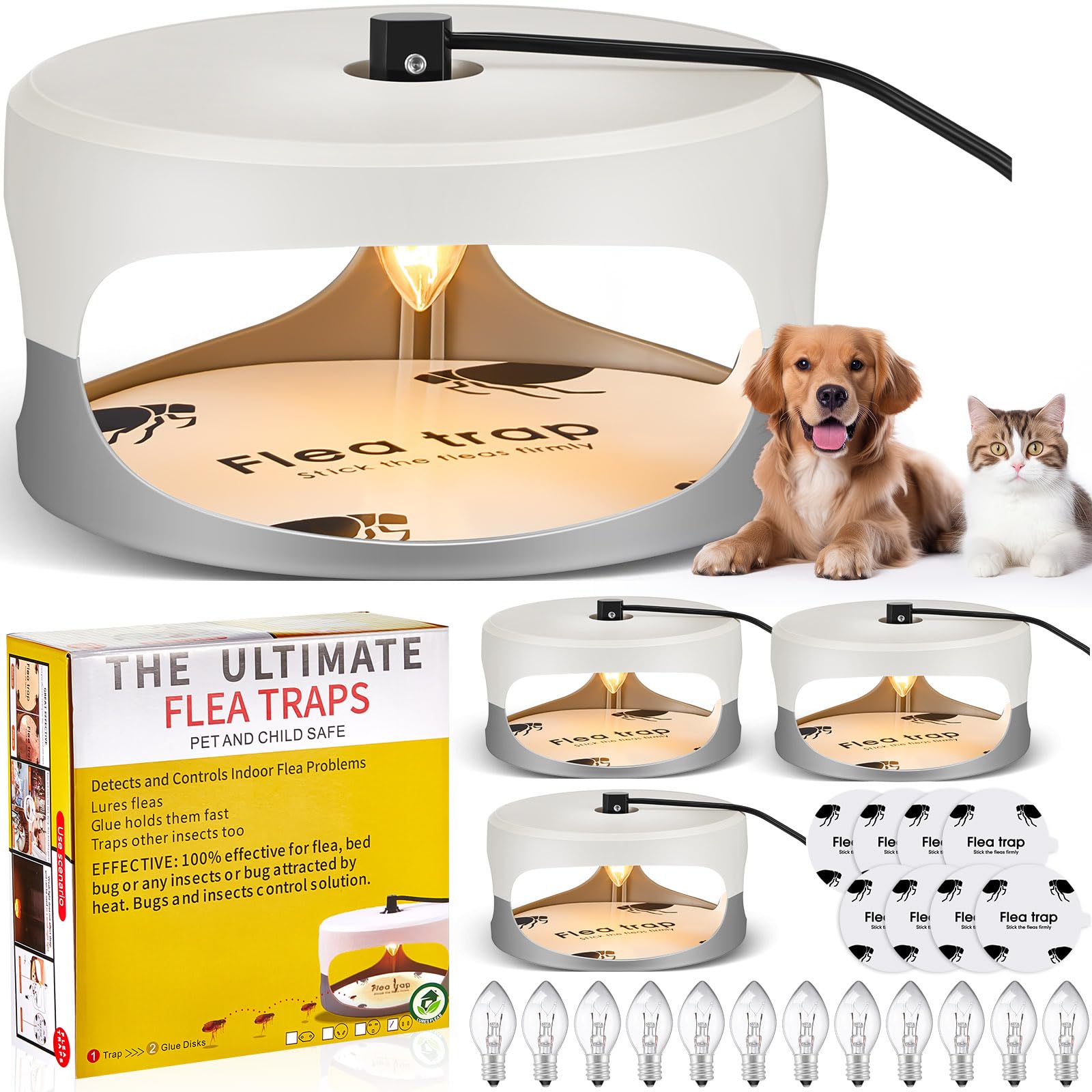 Photo 1 of Kittmip 4 Packs Flea Traps for Inside Your Home with 8 Sticky Disc 12 Bulbs 4 Electric Wires Flea Killer Indoor Bed Bug Light Trap for Home Indoor Safe to Pets(White, Gray)