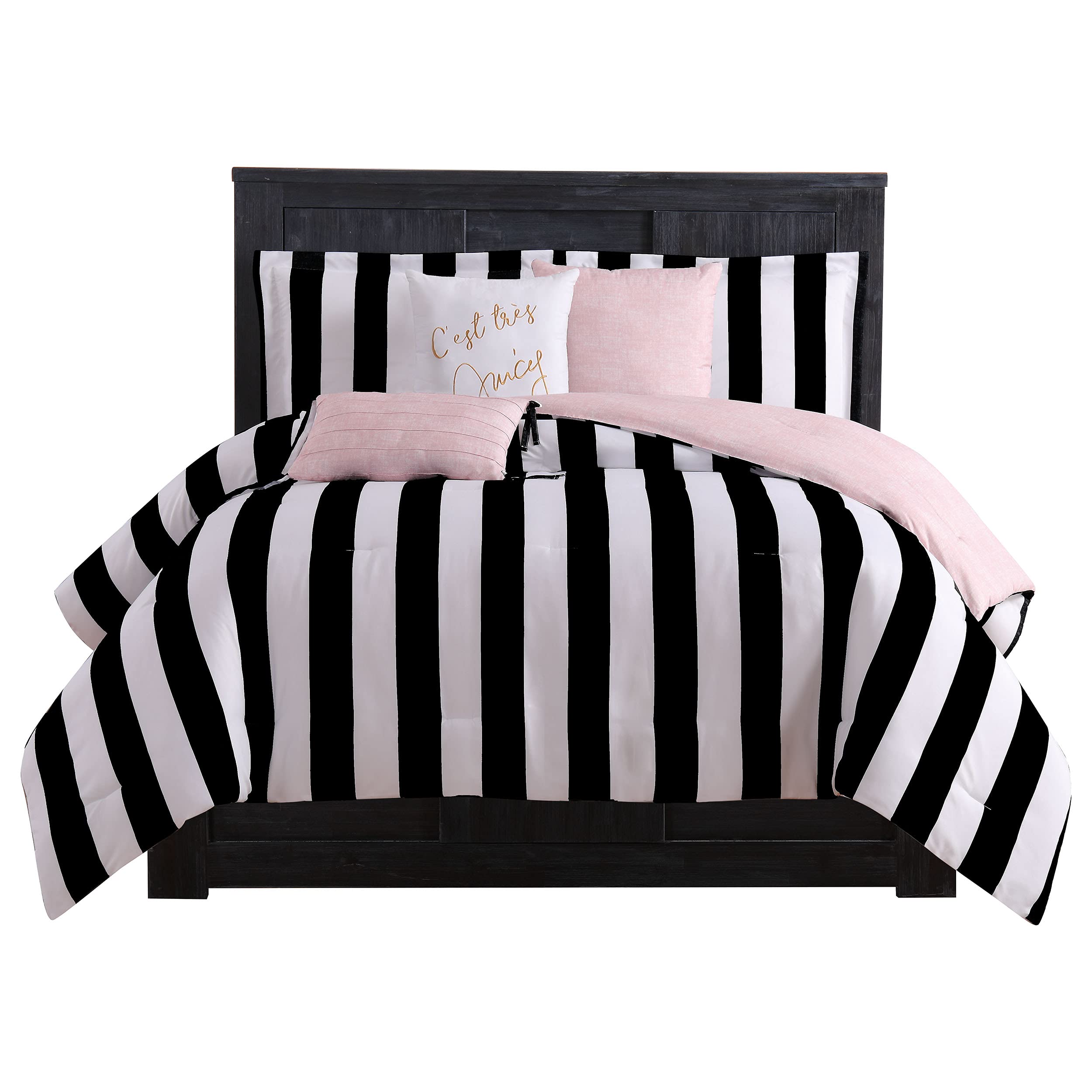 Photo 1 of **NOTE: NEEDS TO BE WASHED**  Juicy Couture Cabana Stripe Reversible Bedding Set - Queen Size - Black and White Stripe Print – 6 Piece Set – Includes 1 90" x 90" Comforter, 3 Decorative Pillows, 2 Shams