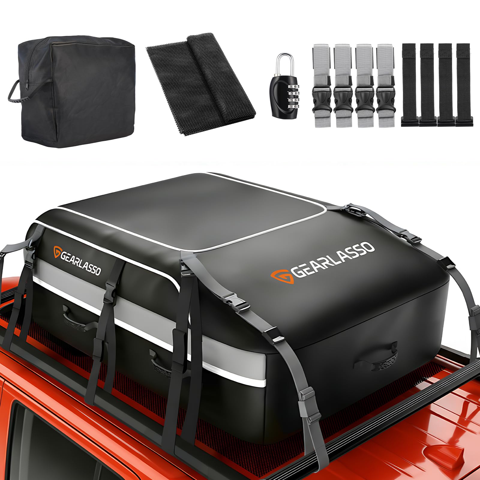 Photo 1 of Car Roof Bag 21 Cubic Feet, Waterproof Rooftop Cargo Bag for Cars SUVs & Vans, 840D Heavy-Duty PVC, Universal Fit with or Without Roof Rack- Anti-Slip Mat?Combination Lock?6 Door Hooks?4 Extra Straps