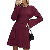 ZAFUL Womens Long Sleeve Sweater Dresses Fall Casual Crew Neck A Line Ribbed Knit Button Mini Pullover Dress Trendy 2025