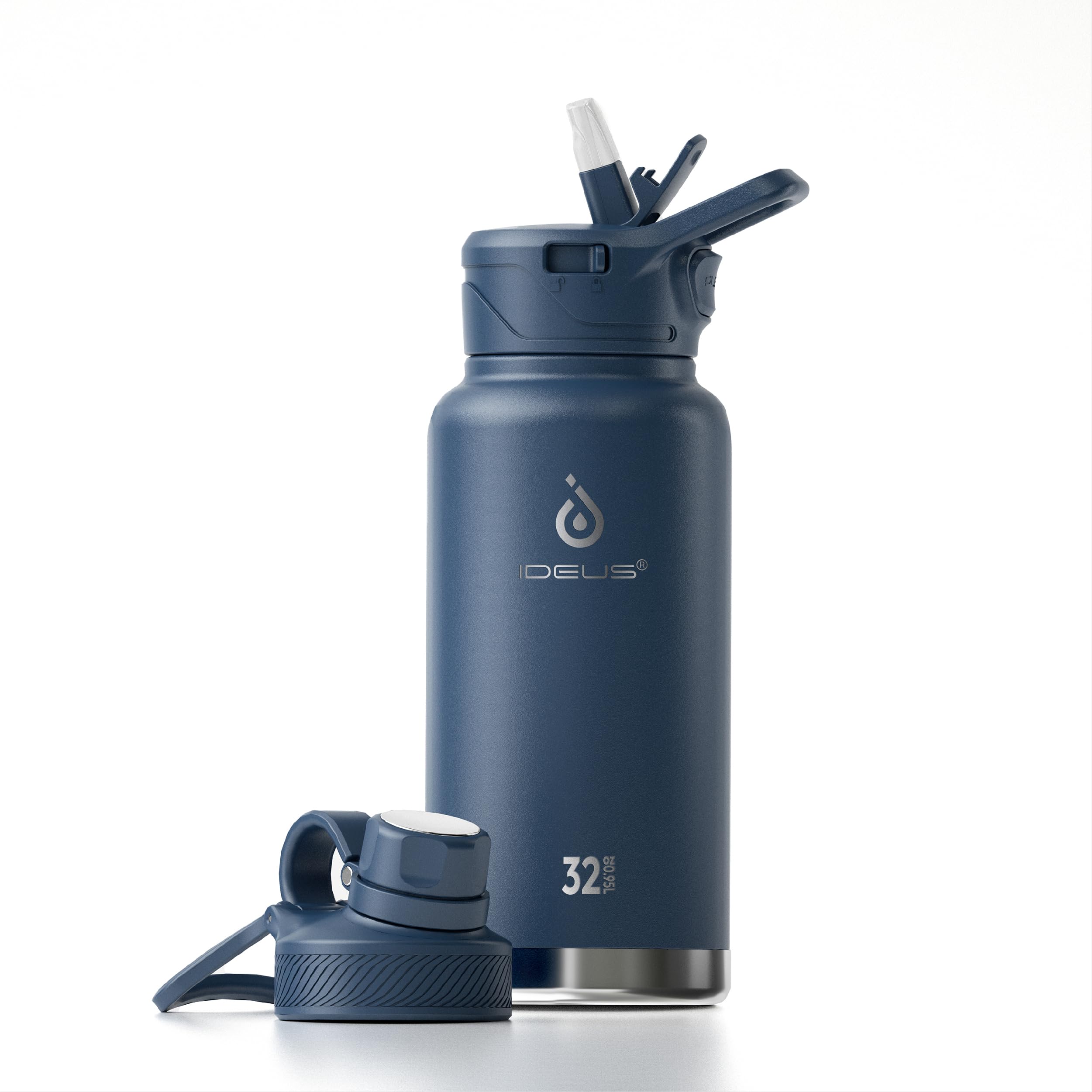 IDEUS Vacuum Insulated Water Bottle 950ml/32oz, Leak-Proof Stainless Steel Water Bottle, Double Wall Flask, Metal Sports Canteen with 2 Lids