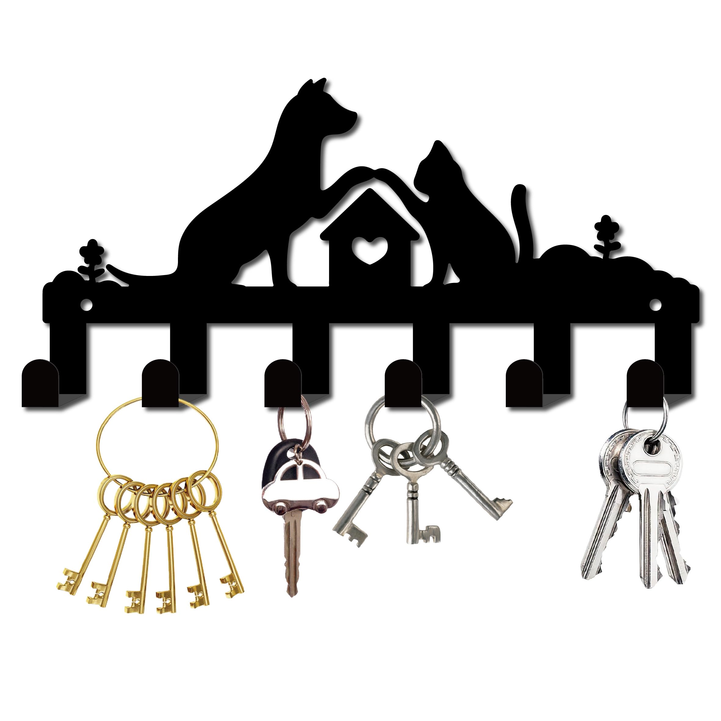 CREATCABIN Cat Key Holder Key Hanger Racks Wall Mounted Key Organizer Metal Home Decoration Hanging Storage Display with 6 Hooks Decor for Front Door Entryway Hallway 5.1x10.6 Inch Black-Cat & Dog