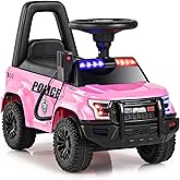 OLAKIDS Ride On Push Police Car, Toddler Foot-to-Floor Sliding Toy with Siren, Steering Wheel, Megaphone, Horn, Headlights, Under Seat Storage, Kids Racer Walking Gift for Boys Girls 1-3 (Pink)