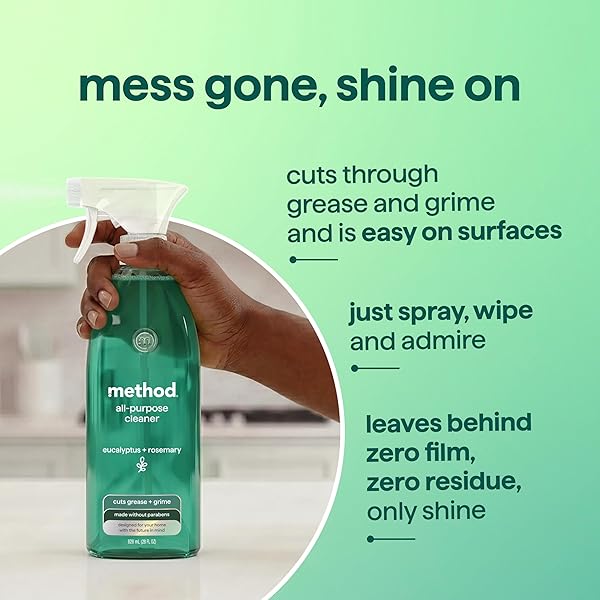 METHOD ALL-PURPOSE CLEANER SPRAY, EUCALYPTUS + ROSEMARY- CUTS GREASE & GRIME ON COUNTERS, GLASS, SEALED WOOD & FLOORS, FOR KITCHEN & BATHROOM, 28FL OZ, 4 PACK