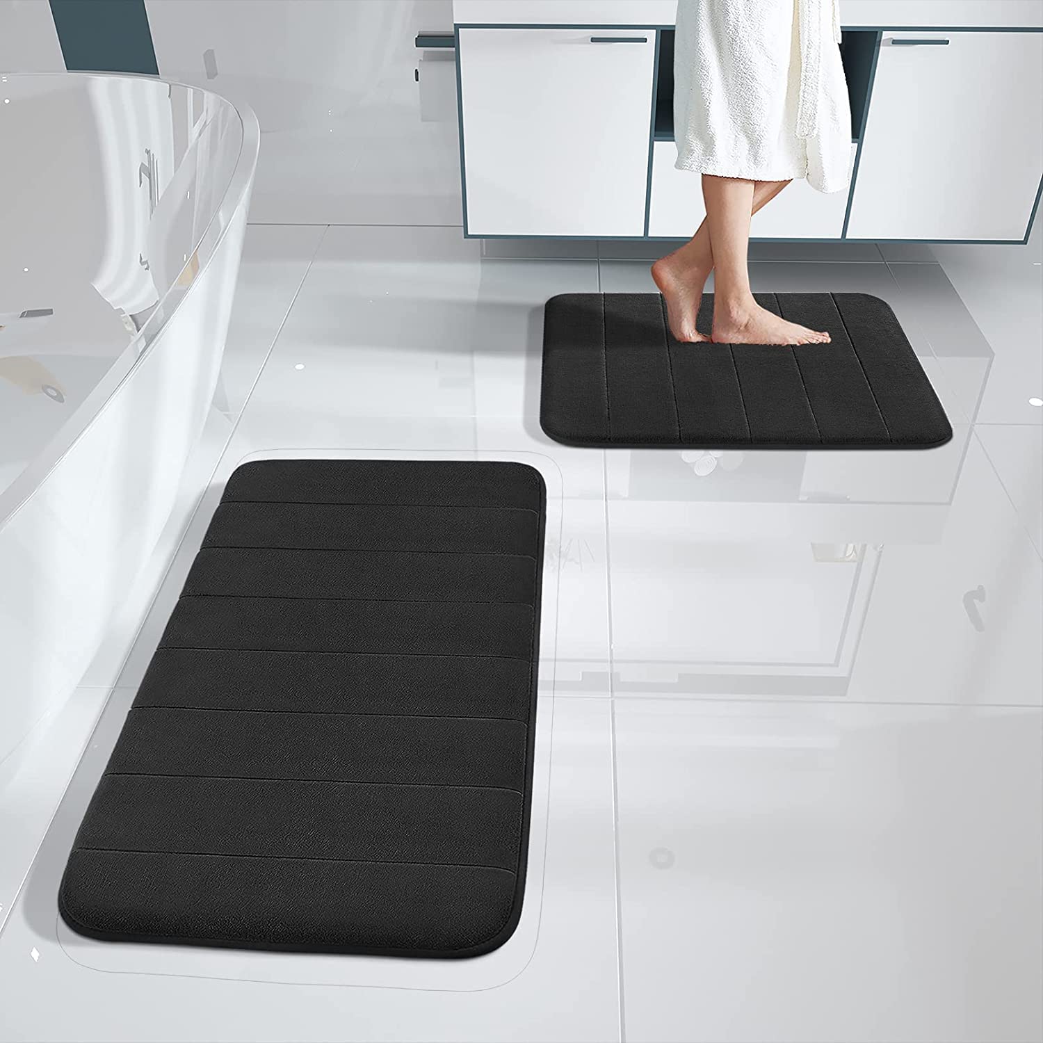 Yimobra Memory Foam Bath Mat Set, Non Slip Super Water Absorption Soft Bathroom Rugs, Thick, Dry Fast, Machine Washable for Bathroom Floor Mat, 43x61+81x51 cm, Black — image 1