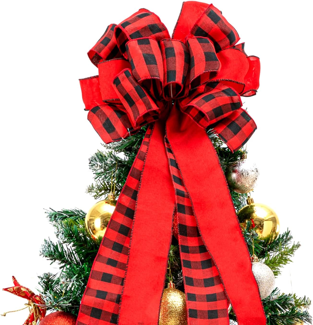 Tree Toppers - Christmas Tree Topper,Christmas Tree Bow Topper 33x13 Inches Large Toppers Gift Bow Tree Topper Bow Handmade Decoration for Wreaths Tree Toppers (Buffalo Plaid Double Side Bow)