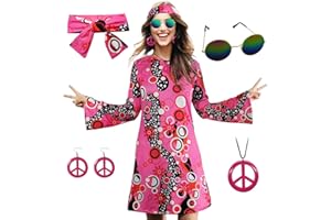 MRYUWB 70s Hippie Dress Costumes Necklace Earrings Sunglass Women Disco Outfit, 60s Party Costume, Halloween Retro Dresses