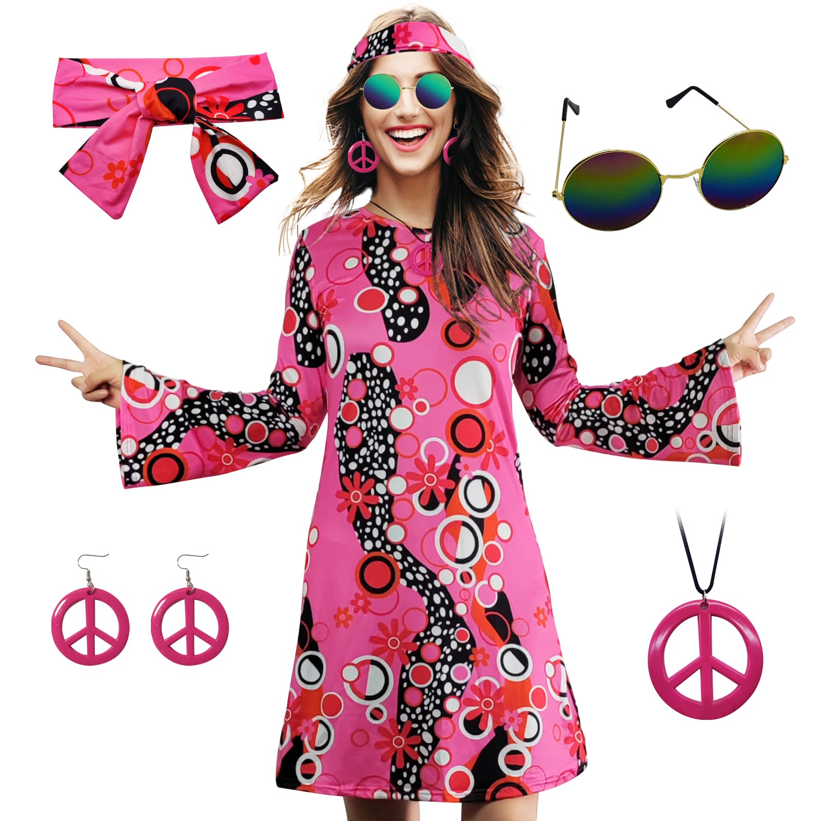 MRYUWB 70s Hippie Dress Costumes Necklace Earrings Sunglass Women Disco Outfit, 60s Party Costume, Halloween Retro Dresses (Pink, M) — image 1