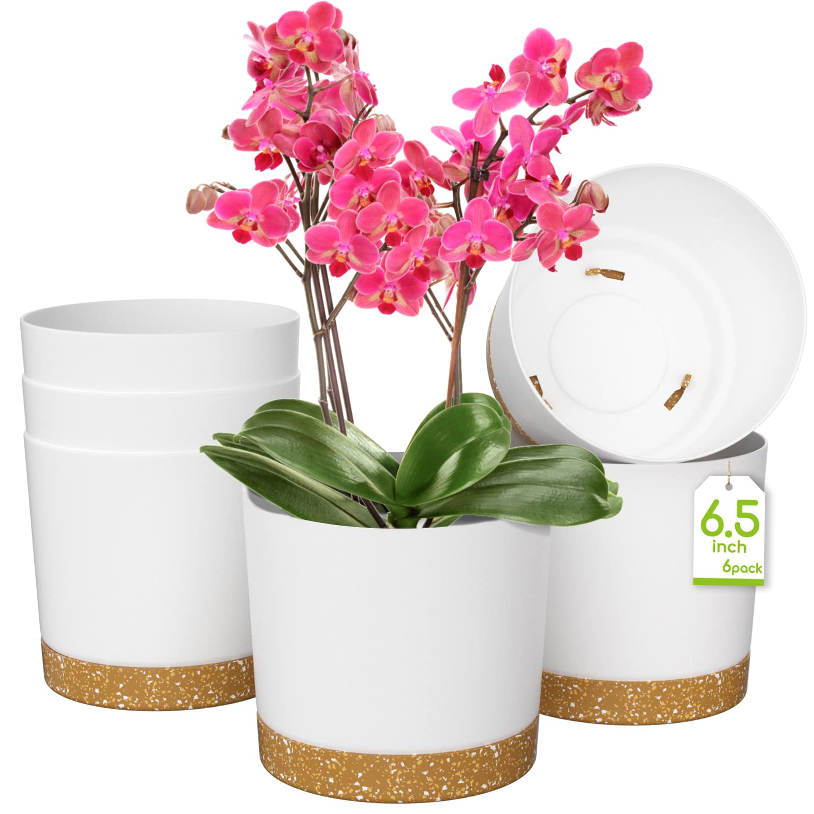 ZMTECH 16.5cm Plant Pots, Modern Planters with Drainage Holes and Detachable Saucer, Plastic Flower Pots for Plants for House Garden Windowsill (Set of 6, White)