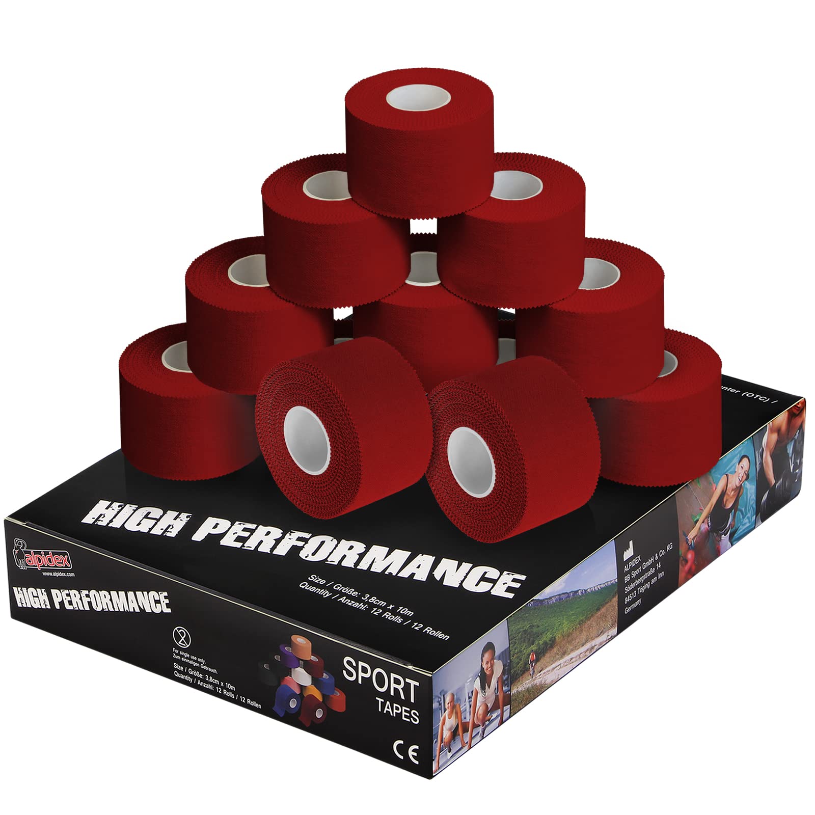 ALPIDEX 12 x Sports Tape 10 m x 3.8 cm Many Colours Zinc Oxide Finger Tape Tearable Skinfriendly Handball Football Volleyball Rugby, Colour:red — image 1