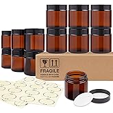 TUZAZO 4 Oz Thick Amber Round Glass Jars with Inner Lids and Black Lids, 12 Pack Small Empty Candle Making Jars/Cosmetic Containers for Lotions, Creams, Body Butters, Essential oil Beauty Products